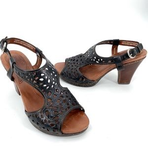 NAYA | Women’s Black Leather Cutout Alpine Bamboo Heel Adjustable Heels size 8.5